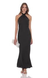 Satin Cross Halter Maxi Dress in Black